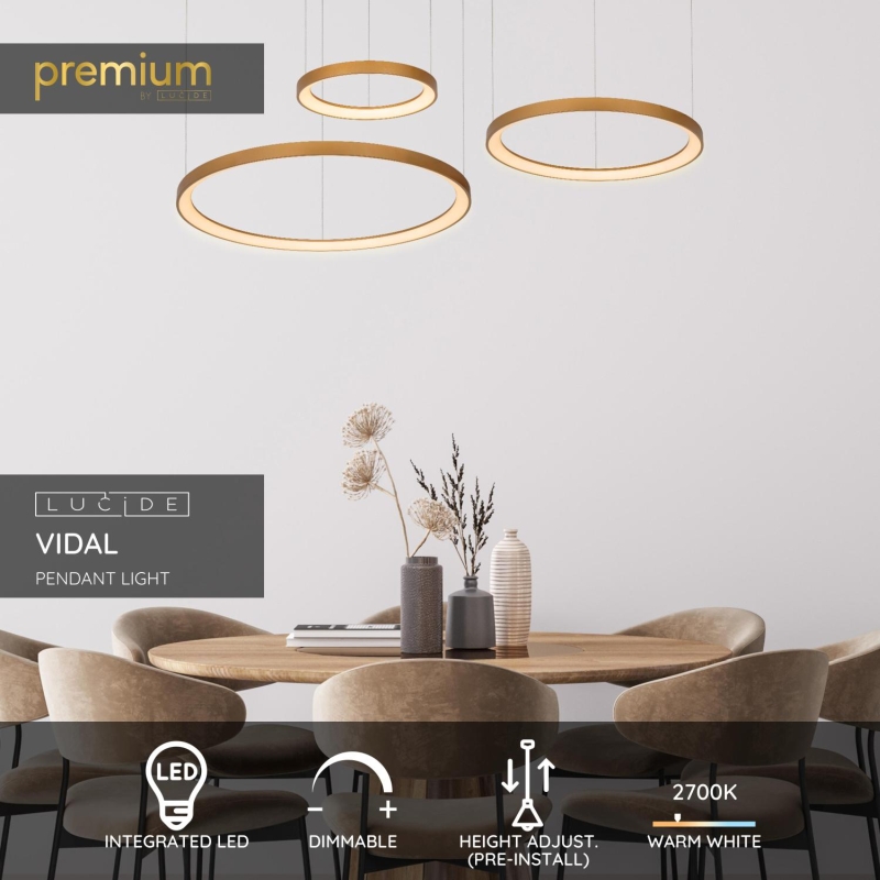 Lucide VIDAL - Závesné svietidlo - Ø 78 cm - LED Rozm. - 1x120W 2700K - Matt Gold / Mosadz